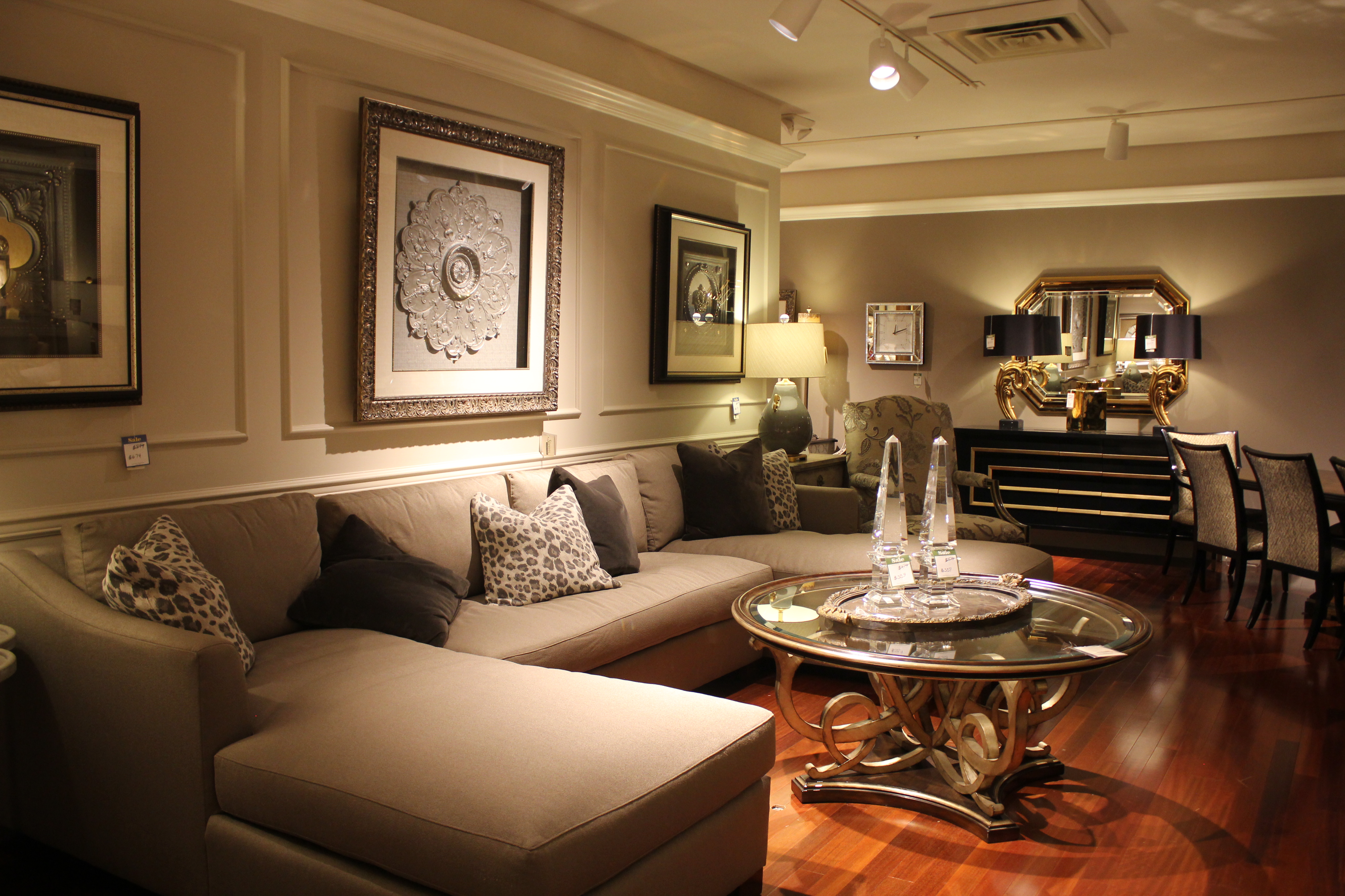 Elegant, gray sofa in a modern and luxurious living room