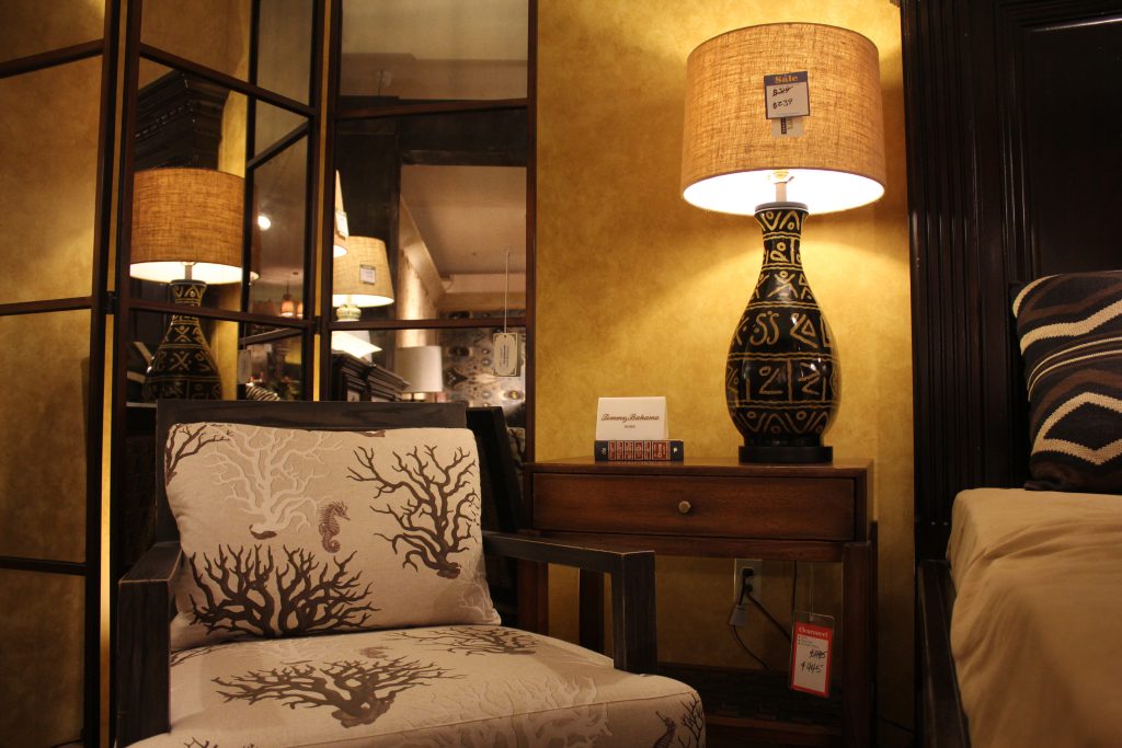 Patterned black and white chair and lamp with mirror in our San Antonio furniture store