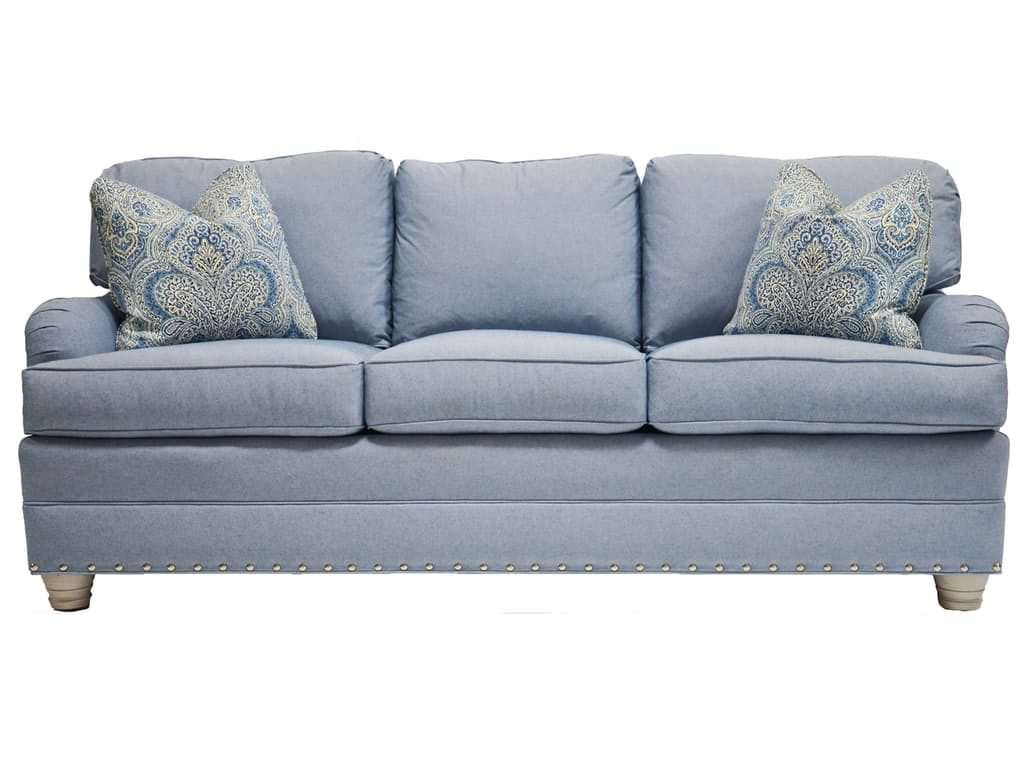 Pale blue sofa with paisley throw pillows