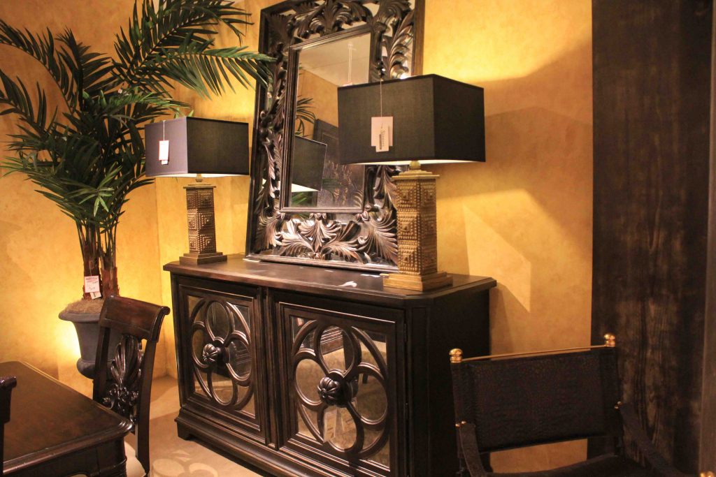 dining room chest, lamps & mirror